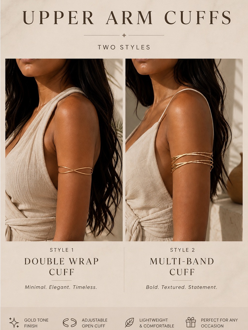Gold Tone Upper Arm Cuffs – Double Wrap & Multi-Band Styles